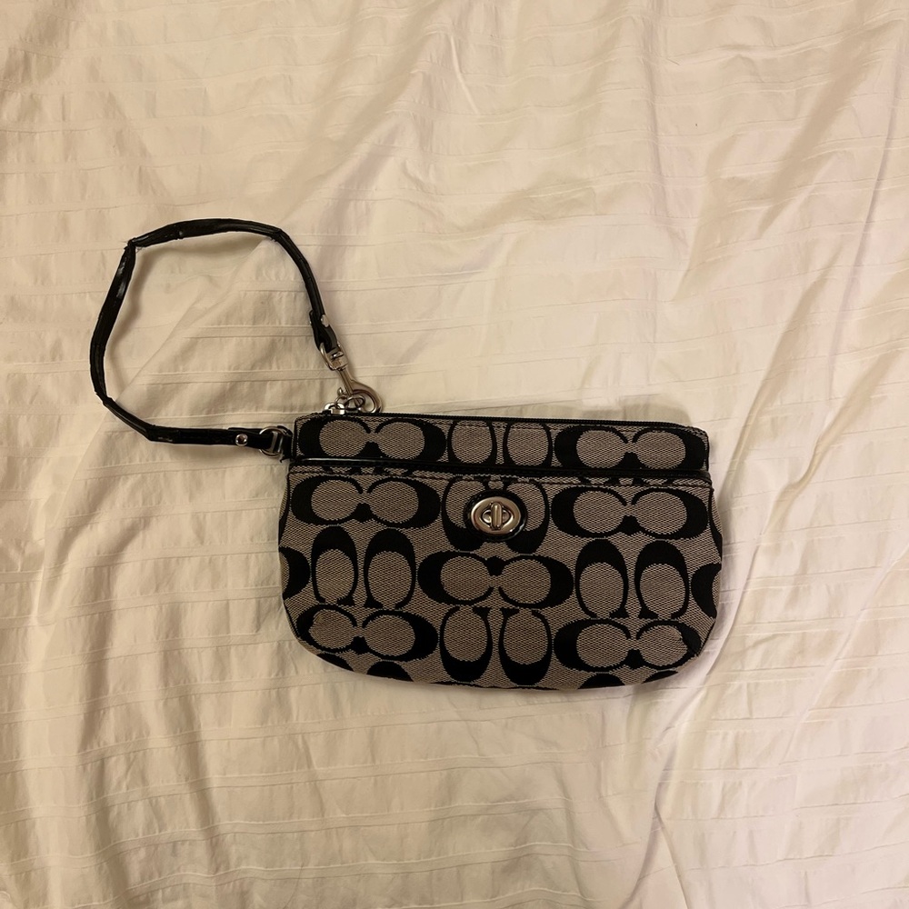 Coach Black & Grey Signature Canvas Wristlet with Turnlock